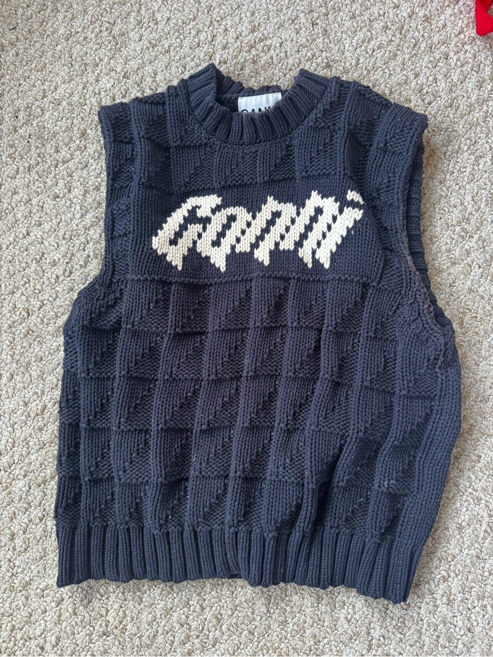 Ganni Navy Knit Sweater Vest with Cream Script